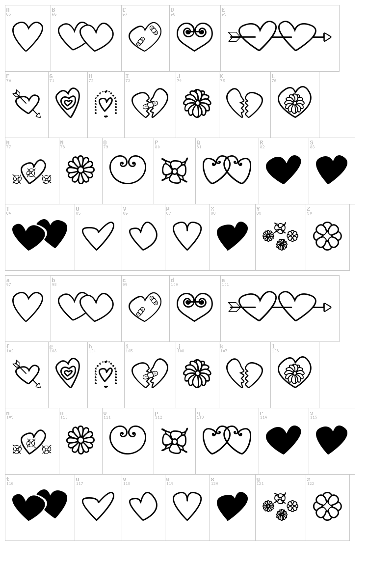 Hearts and flowers for valentines font map